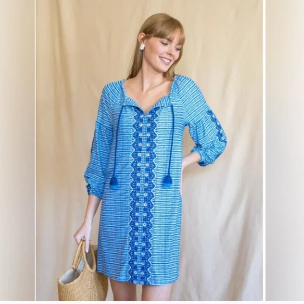 NWT Cabana Life Cover luxe Tassel Embroidered Tunic Dress Blue Beach Cover Up